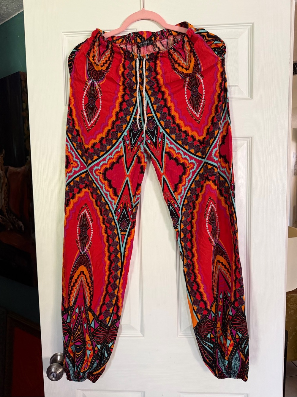 Vibrant Red Printed Elastic Waist Harem Pants